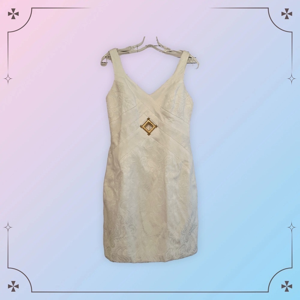 Vintage 90s Dress Sheath Linda Segal Cream Jaquard Matte Gold Keyhole Bust 4-6 - Picture 7 of 7